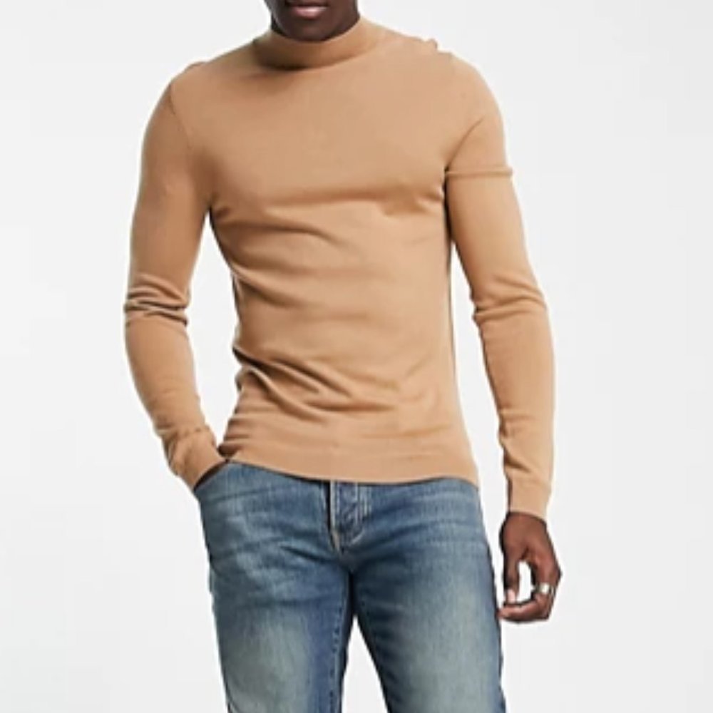 ASOS DESIGN Muscle Fit Premium Merino Wool Turtle Neck Sweater in Dark Beige